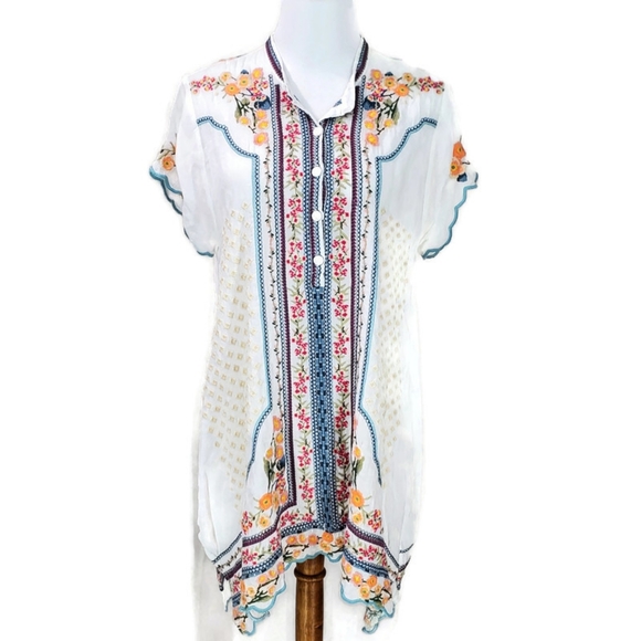 Johnny Was Tunic Top Embroidered Moji In White Boho Flowy Semi Sheer Size M - Picture 2 of 12